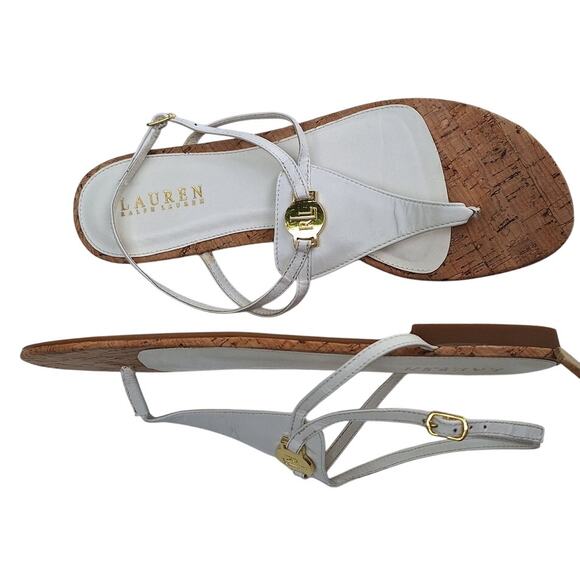 Lauren Ralph Lauren Anita Cork and Leather Flat Sandals White Size 10 Gold Logo - Picture 1 of 10